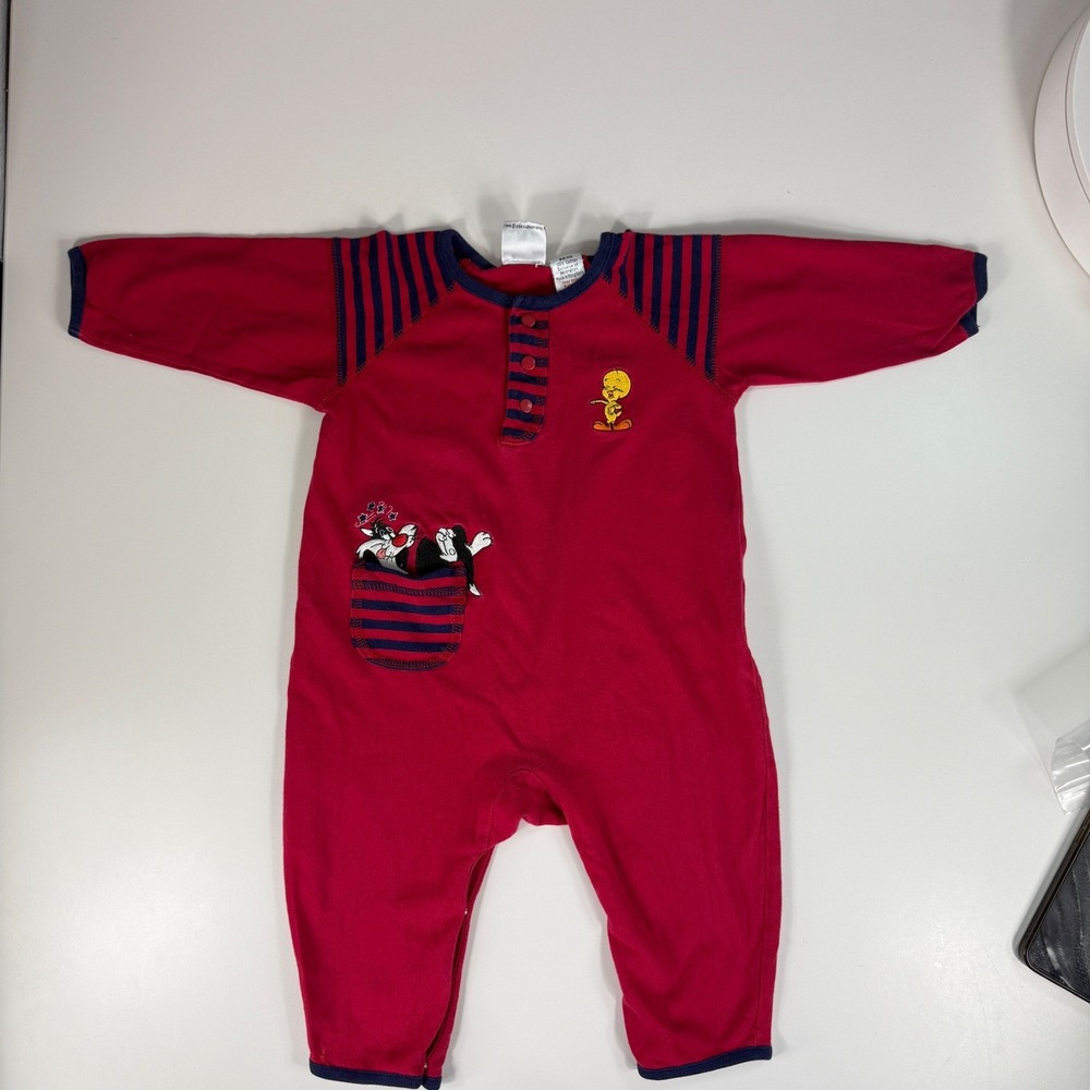Vintage 1996 Warner Bros Baby 24M‎ Romper Red Looney Tunes Tweety Sylvester